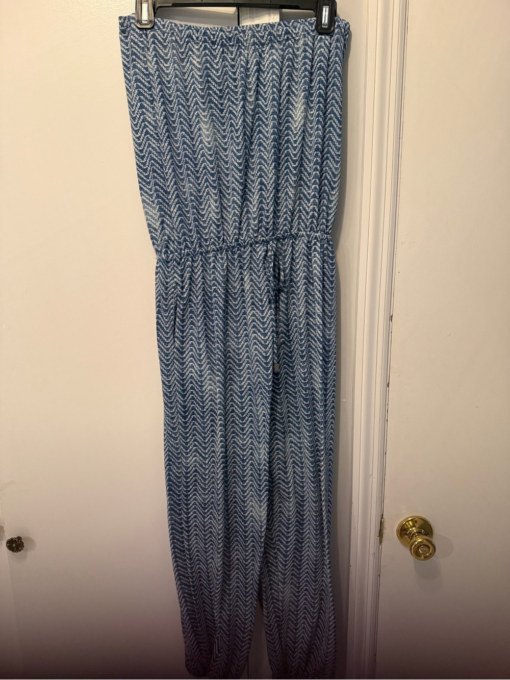 Elan Blue Chevron Strapless Jumpsuit